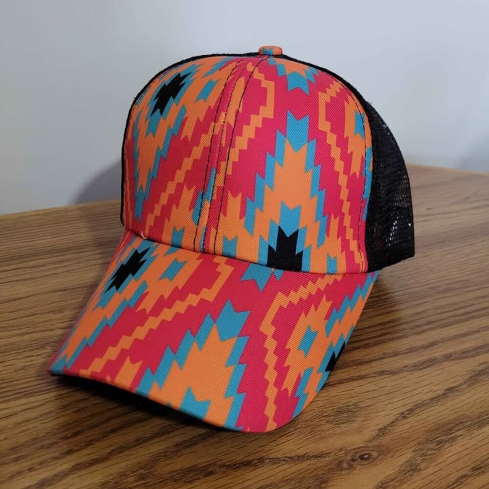 Aztec Messy High Bun Ponytail Adjustable Mesh Back Trucker Baseball Cap Western